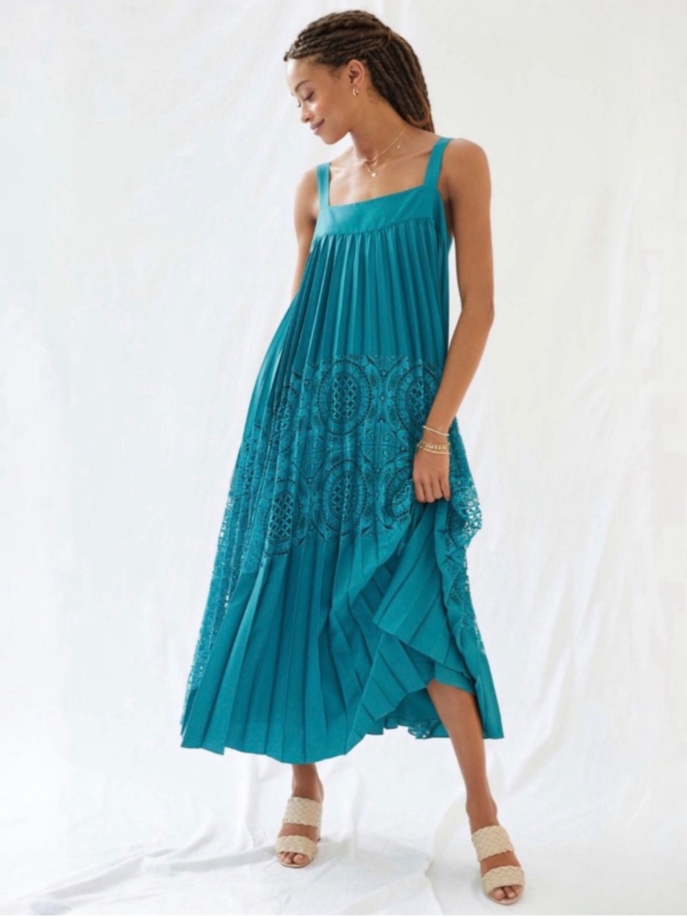 Anthropologie Geisha Designs Turquoise Pleated Lace Maxi Dress XL Square Neck